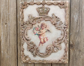 Shabby Pink Angel Picture Frame Wall Decor, Victorian Cherub Wall Plaque, French Cottage Chic Wall Decor, Decoupage Mixed Media Wall Art