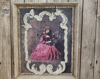 Framed Dog Portrait, Dog Lovers Gift, Lady Dog Picture Frame, Victorian Dressed Animal Framed Picture, Decoupage Mixed Media Wall Art