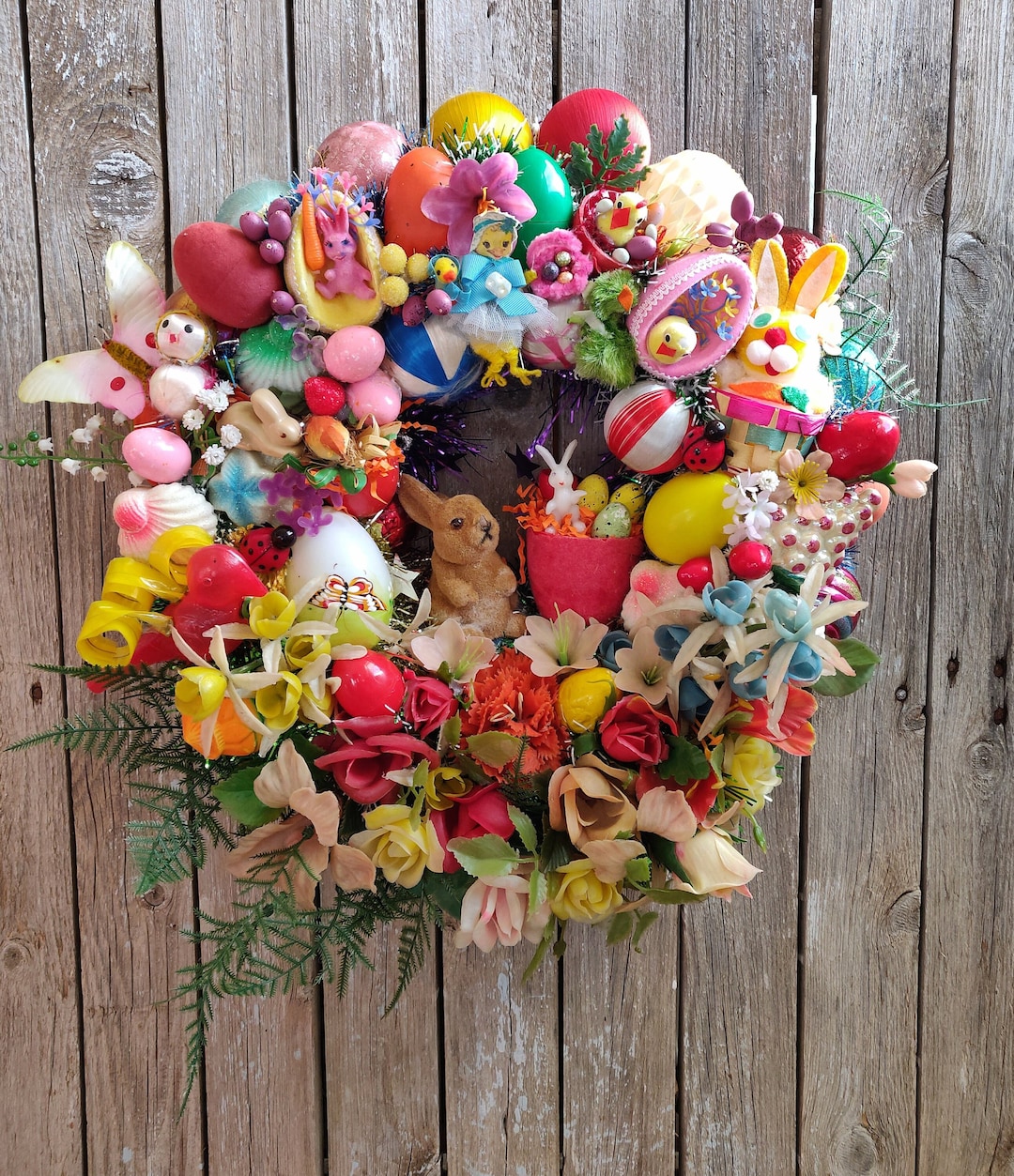 Easter Bunny Wreath Front Door, Easter Spring Kitschy Ornaments Wreath, Vintage Easter Rabbit