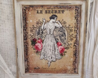 French Victorian Romantic  Lady Portrait, Vintage Wooden Frame, Shabby French Cottage Wall Plaque Decor, Decoupage Mixed Media Wall Art