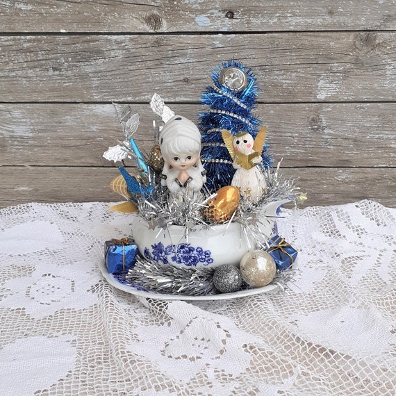 Vintage Repurposed patina blue Christmas Tree Tabletop, Victorian Christmas Arrangement Centerpiece Decor,  Patina Blue Christmas Decoration