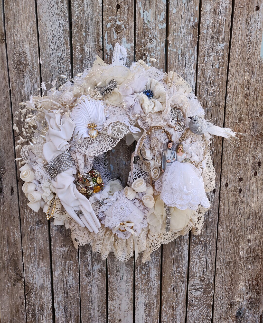 アンティーク雑貨 Shabby Chic Floral Wreath Handmade Vintage Lace Wedding Wreath, Shabby Chic Bridal Decor, 19.7