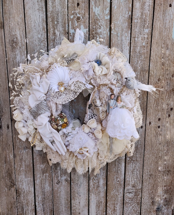 アンティーク雑貨 Shabby Chic Floral Wreath Handmade Vintage Lace Wedding Wreath, Shabby Chic Bridal Decor, 19.7