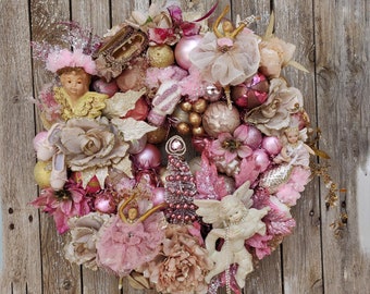 Shabby Pink Christmas Wreath for Front Door, Pink Ballet Holiday Wreath, Vintage Christmas Decorations, Victorian Christmas Angel Wreath