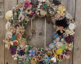 Vintage Jewelry Art Wall Wreath, Repurposed Upcycled Altered Jewelry Art, Jeweled Wreath Wall Hanging, Boudoir Powder Room Wall Decor