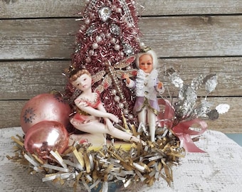 Bottle Brush Tree Vintage Christmas Holiday Tabletop Centerpiece Arrangement, Shabby Chic Pink Christmas Ballet Scene, Victorian Christmas
