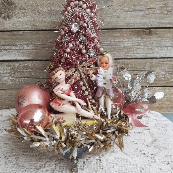 Flasche Pinsel Baum Vintage Weihnachten Weihnachten Tabletop Herzstück Arrangement, Shabby Chic rosa Weihnachten Ballett Szene, viktorianischen Weihnachten