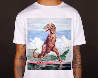 T-rex surf t-shirt, t-rex tee, surf tee, t-shirt dino, surf mode, t-shirt holiday, gift idea, 100% cotton made in Italy