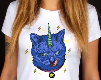Unicorn cat t-shirt, animal tee, gift idea, evil t-shirt, unicorn tee, apparel, cartoon tee, devil, nature, pet, 100% cotton, made in Italy