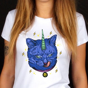 Chat Licorne t-shirt, t-shirt, t-shirt chat animaux, vêtements, Licorne, diable, cadeau idée, 100 % coton Made in Italy