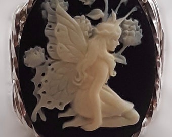 Sterling Silver .925 Butterfly Fairy Resin Cameo Ring black