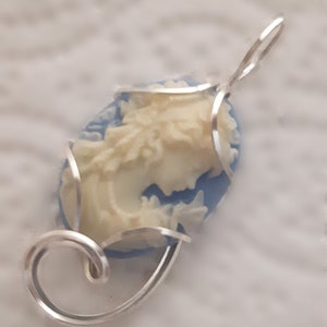 Grecian Goddess Butterfly Resin blue Cameo Pendant .925 Sterling Silver Jewelry