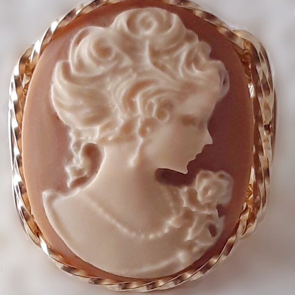 Fine Lady Large Coffee Resin Cameo Ring 14k Gold gf Art Jewelry HGJ