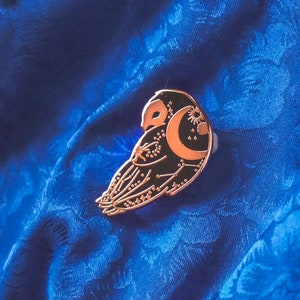 Celestial owl black rose gold enamel pin, celestial enamel pin, owl enamel pin, owl moon and stars enamel pin, by bones and gardens