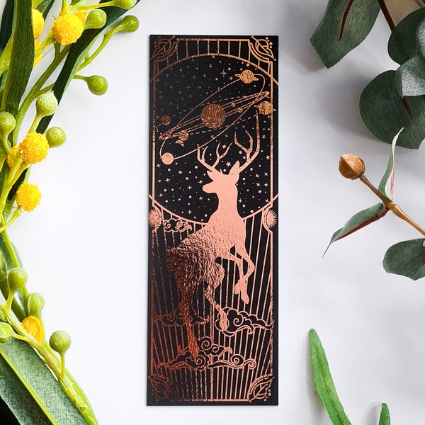 Deer gold bookmark, celestial deer bookmark, deer and galaxy bookmark, galaxy bookmark, rose gold bookmark, gold foil bookmark, witchy vibe