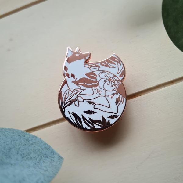Fox with roses delicate rose gold enamel pin, white fox enamel pin, white rose gold enamel pin, witchy vibe enamel pin, by bones and gardens