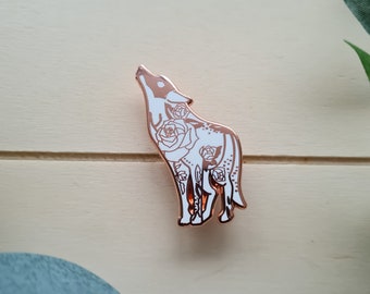 White wolf and flowers enamel pin, white wolf enamel pin, wolf with delicate flowers enamel pin, witchy enamel pin, by bones and gardens