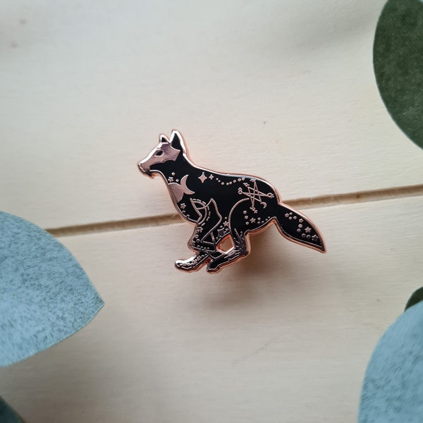 Celestial wolf black rose gold enamel pin, celestial enamel pin, wolf enamel pin, wolf and stars enamel pin, by bones and gardens