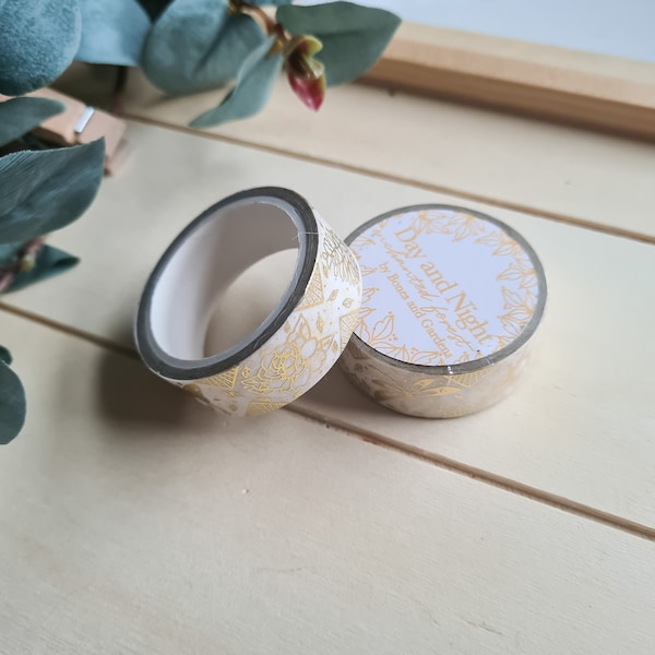 White gold washi tape, white celestial washi tape, gold foil white washi tape, witchy vibe washi tape, gold foil tape, by bones and gardens