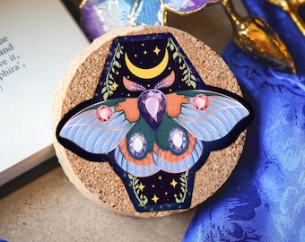 Lunar Moth, moth coffin sticker, moon moth sticker, floral moth sticker, goth sticker, witchy vibes, witchy moon moth, by bones and gardens
