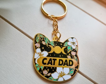 Celestial Cat Dad hard enamel keychain, cat dad keyring, gift for cat dad, hard enamel metallic keychain, withy vibes, by bones and gardens