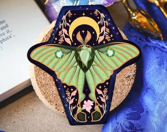 Moth sticker, green moth sticker, green moth flower coffin sticker, moon moth sticker, coffin sticker, coffin moon moth, by bones and gardens