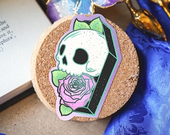 Gothic sticker, Skull flower coffin sticker, skull waterproof sticker, coffin sticker, goth sticker, witchy vibe, by bones and gardens
