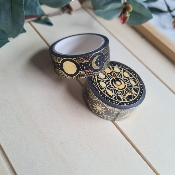 Celestial gold foil washi tape, black and gold washi tape, witchy vibe washi tape, witchy vibe gold and black washi tape