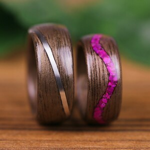 Wooden rings, Walnut, Agathe slice rose, Silver 925, Wooden wedding rings, Wedding rings, engagement wedding rings, men's, women's image 3