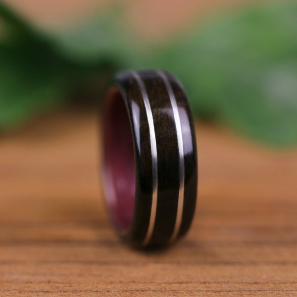 Bague en bois, Ebène Macassar, Amarante, Argent925, alliance en bois, bague de fiançailles, bague homme, anneau en bois