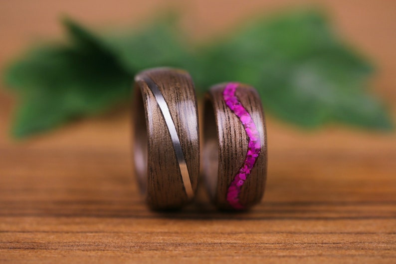 Wooden rings, Walnut, Agathe slice rose, Silver 925, Wooden wedding rings, Wedding rings, engagement wedding rings, men's, women's image 3