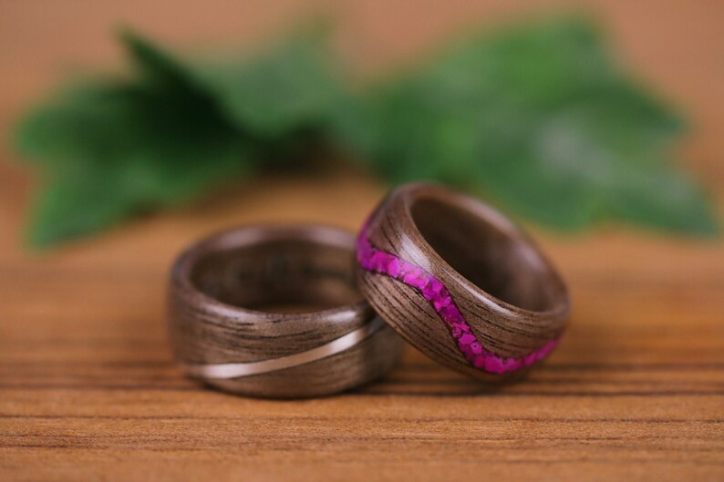 Wooden rings, Walnut, Agathe slice rose, Silver 925, Wooden wedding rings, Wedding rings, engagement wedding rings, men's, women's image 1