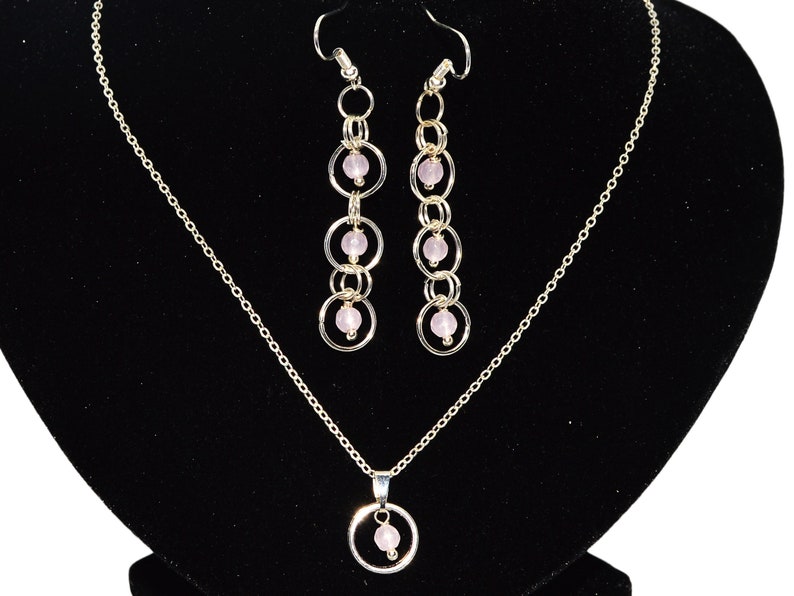 dainty choker necklace drops with bead Rose quartz necklace and earrings rose quartz earrings rose quartz pendant rose quartz choker
