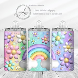 Dziecięcy 3D Rainbow & Flowers 12oz Sippy Cup Sublimacja Projekty Cyfrowe Pobieranie 12oz Tumbler Wrap PNG, Uroczy Sippy Cup Wrap, Butelka na wodę dla dzieci