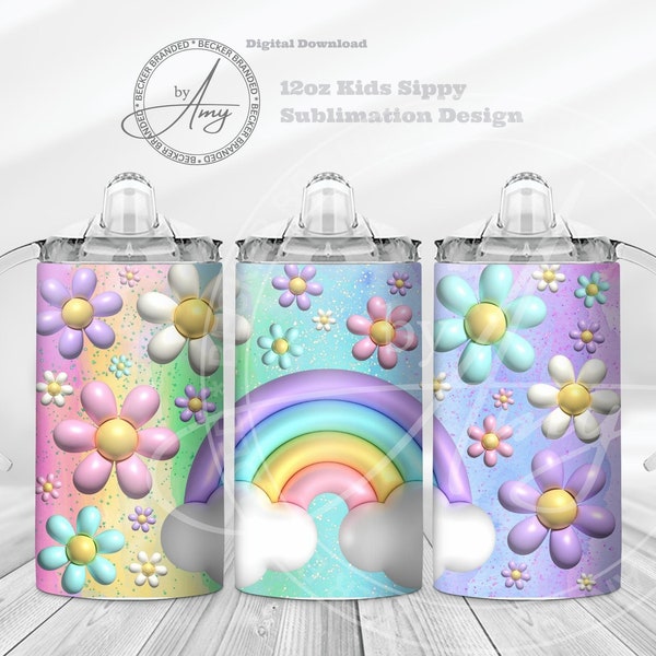 Kid's 3D Rainbow & Flowers 12oz Sippy Cup Sublimation Designs Digital Download 12oz Tumbler Wrap PNG, Cute Sippy Cup Wrap, Kids Water Bottle