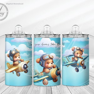 Kid&#39;s Airplane & Teddy Bear 12oz Sippy Cup Sublimation Designs Digital Download 12oz Tumbler Wrap PNG Cute Sippy Cup Wrap, Kids Water Bottle