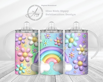 Kid's 3D Rainbow & Flowers 12oz Sippy Cup Sublimation Designs Digital Download 12oz Tumbler Wrap PNG, Cute Sippy Cup Wrap, Kids Water Bottle