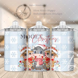Kid&#39;s Mooey Christmas 12oz Sippy Cup Sublimation Design Digital Download PNG, 12 oz Tumbler Wrap, Cute Cow Sippy Cup Wrap, Kids Water Bottle