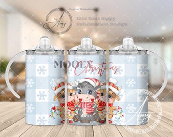 Diseño de sublimación para vaso para beber de Navidad de 12 oz para niños Mooey, descarga digital PNG, envoltura para vaso de 12 oz, envoltura para vaso para beber con forma de vaca linda, botella de agua para niños