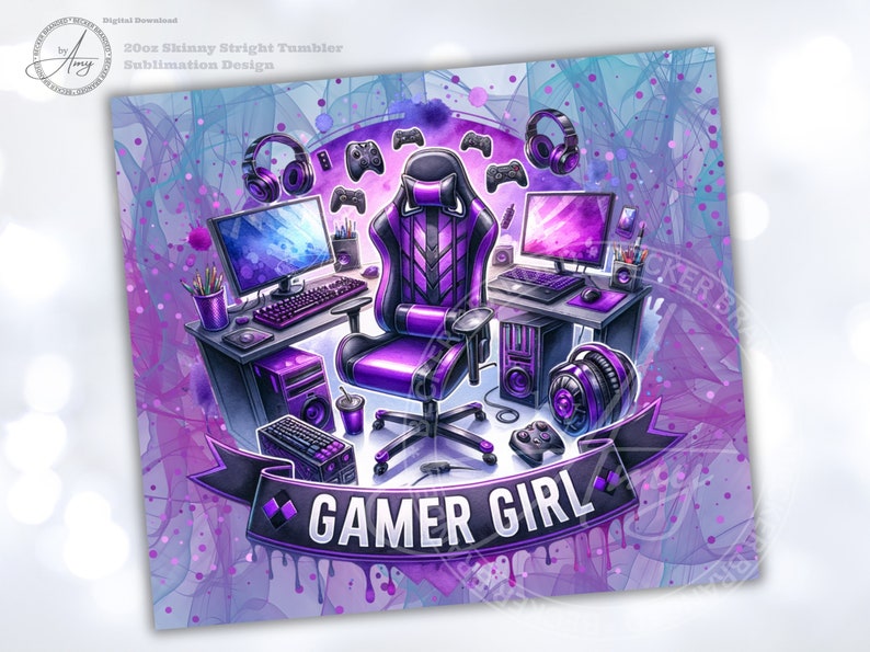 May include: A digital design for a 20oz skinny straight tumbler. The design features a purple and black gaming setup with a gaming chair, computers, headphones, and the text "GAMER GIRL" on a banner.