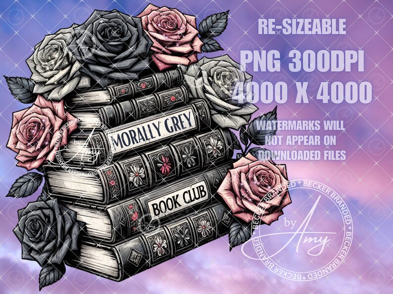 May include: A stack of books with a black and white floral design. The top book has the text "Morally Grey" and the second book has the text "Book Club". The books are surrounded by pink and white roses.