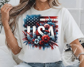 Bandera estadounidense floral PNG, diseño de sublimación patriótico de EE. UU., descarga digital PNG del 4 de julio, camiseta PNG del Día de los Caídos