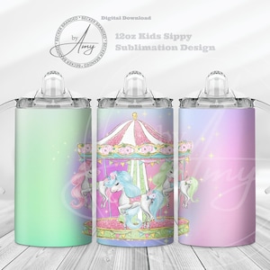 Kid&#39;s Pastel Carousel Horse 12oz Sippy Cup Sublimation Designs Digital Download 12oz Tumbler Wrap PNG Cute Sippy Cup Wrap, Kids Water Bottle