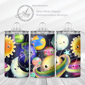 Kid's Solar System Planets 12oz Sippy Cup Sublimation Designs Digital Download Tumbler Wrap PNG, JPG, Cute Sippy Cup Wrap, Botella de agua para niños