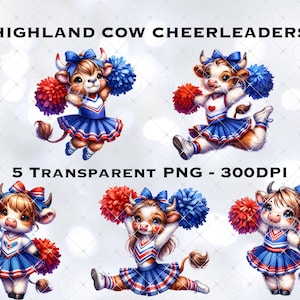 Fichier PNG sublimation de chemise de pom-pom girl vache Highland, fichier PNG bleu rouge cheer équipe graphique téléchargement numérique instantané, t-shirt de sport mignon PNG Bundle
