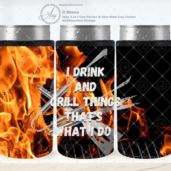 BBQ Grill Master 16oz 4 in 1 Can Cooler & 12oz Slim Can Cooler, Dad Summer Tumbler Wrap Sublimation Design, Instant Digital Download PNG