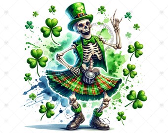 St. Patrick's Day Skeleton Clipart Tshirt Sublimation Design Instant Digital Download, Shirt PNG Design Graphic, Funny Dancing Skeleton PNG