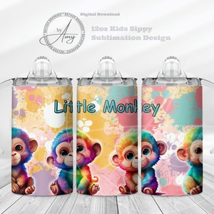 May include: Three 12-ounce kids sippy cups with a colourful monkey design and the text "Little Monkey" on a yellow, pink and blue background with white paint splatters.