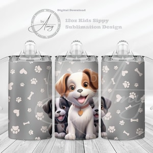 Kid&#39;s 3D Puppies 12oz Sippy Cup Sublimation Designs Digital Download 12oz Tumbler Wrap, PNG, JPG, Cute Sippy Cup Wrap, Kids Water Bottle