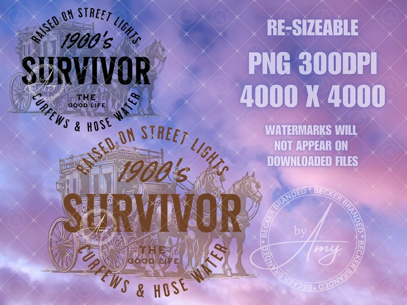 May include: A digital illustration of a vintage stagecoach with horses, set against a purple and blue cloudy sky. The text "Raised on Street Lights 1900's Survivor The Good Life Curfews & Hose Water" is displayed around the stagecoach.